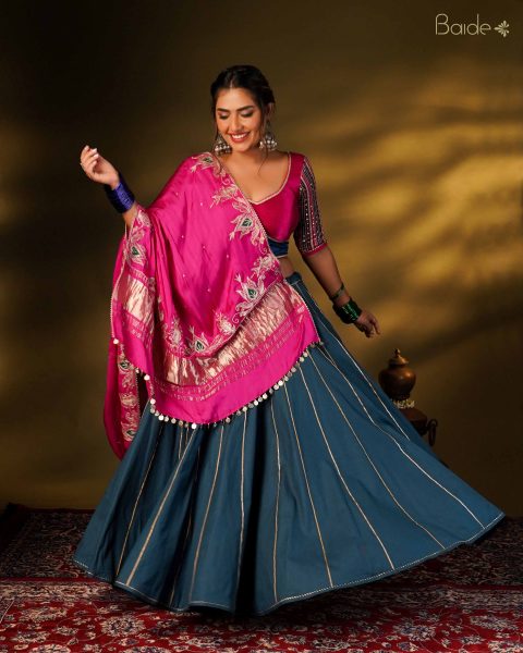 Teal Blue Skirt with Pink Dupatta