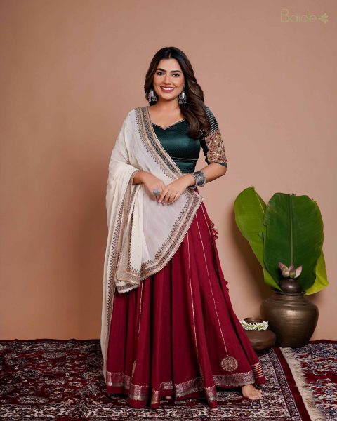 Maroon Skirt Green Blouse