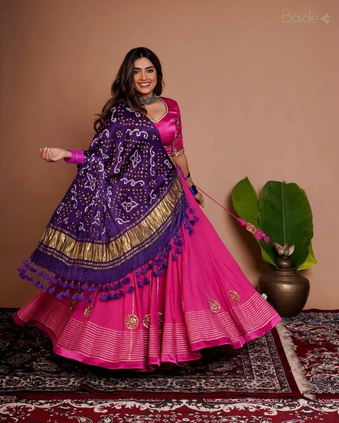 Pink Skirt Purple Bandhej