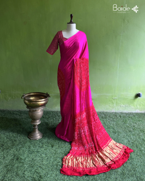 Pink & Red Rasmandal Bandhej Saree