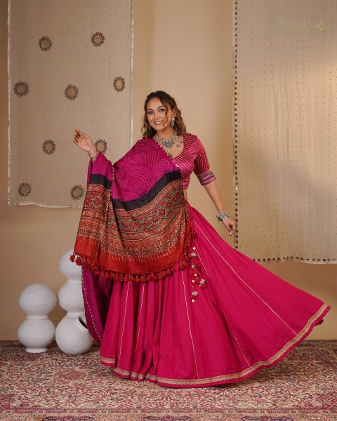 Pink Chaniya choli with Ajarakh Dupatta