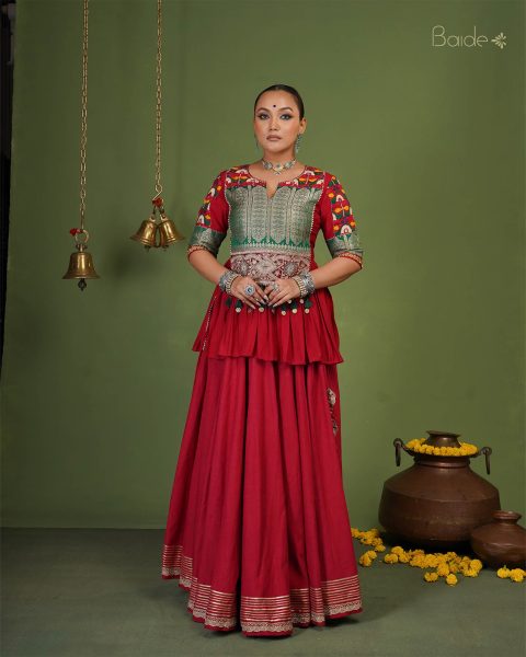 Red Vintage & Kacchi Patch Peplum set